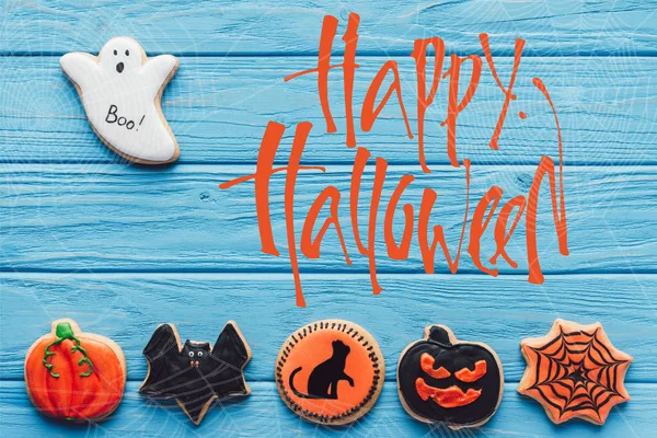 Pohled Strašidelné Halloween Cookies Modré Dřevěné Pozadí Nápisem Happy Halloween — Stock fotografie
