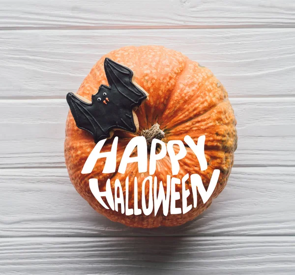 Pohled Dýně Domácí Halloween Cookie Dřevěný Stůl Nápisem Happy Halloween — Stock fotografie