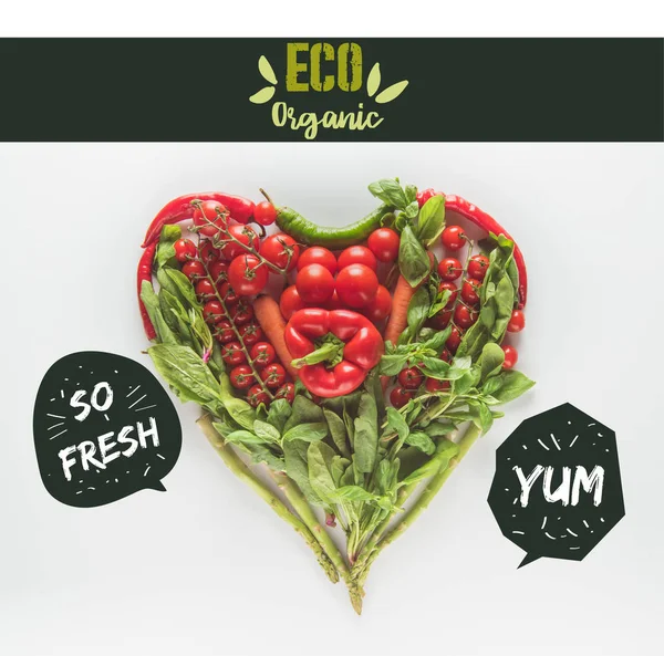 Red Green Heart Shaped Vegetables Isolated White Eco Organic Lettering — Free Stock Photo