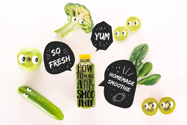 flat lay with detox drink and various organic food isolated on white with "how to make a perfect smoothie" lettering