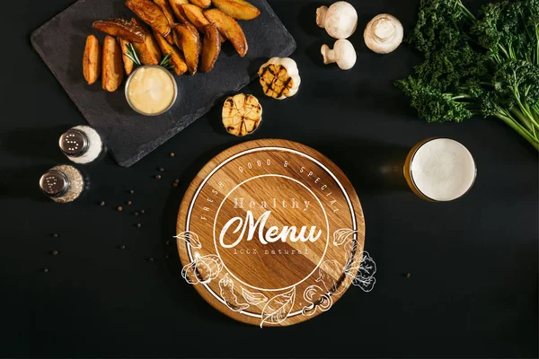 Wooden Board Healthy Menu Lettering Seal Glass Beer Baked Potatoes — Free Stock Photo
