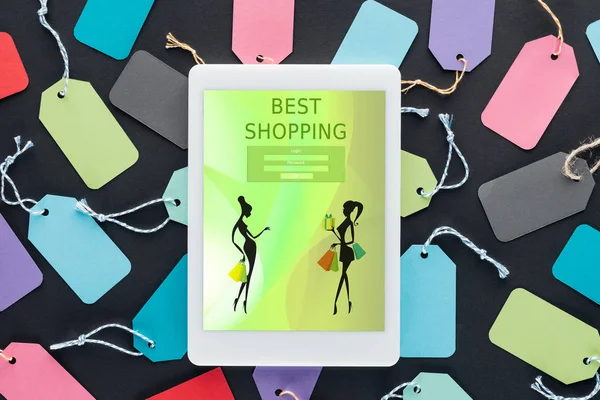 Top View Digital Tablet Best Shopping Screen Lying Colorful Sale — Stock Photo, Image