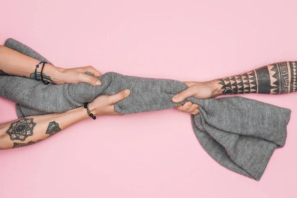 Cropped View Tattooed Customers Pulling Warm Scarf Isolated Pink — Stock Photo, Image