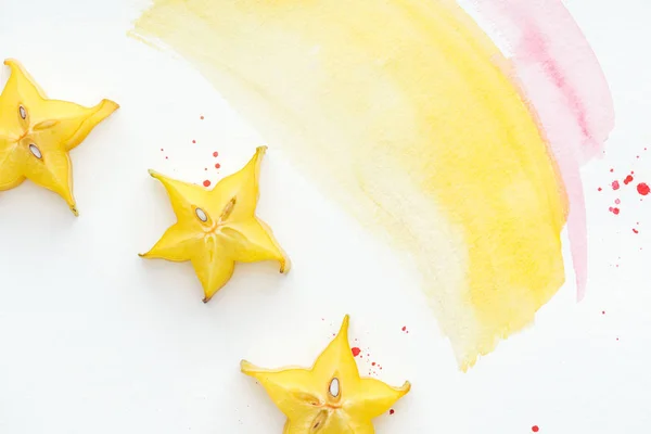 Top View Yummy Carambolas White Surface Yellow Pink Watercolors — Stock Photo, Image
