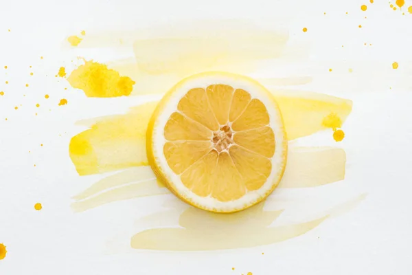 Elevated View Lemon Piece White Surface Yellow Watercolor — Stock Photo, Image