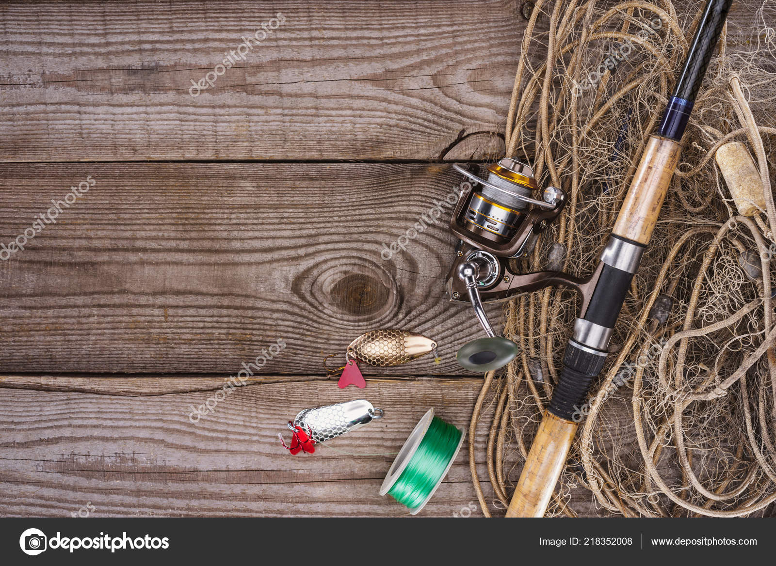 Top View Reel Fishing Rod Bait Fishing Net Wooden Background — Stock Photo  © VadimVasenin #218352008