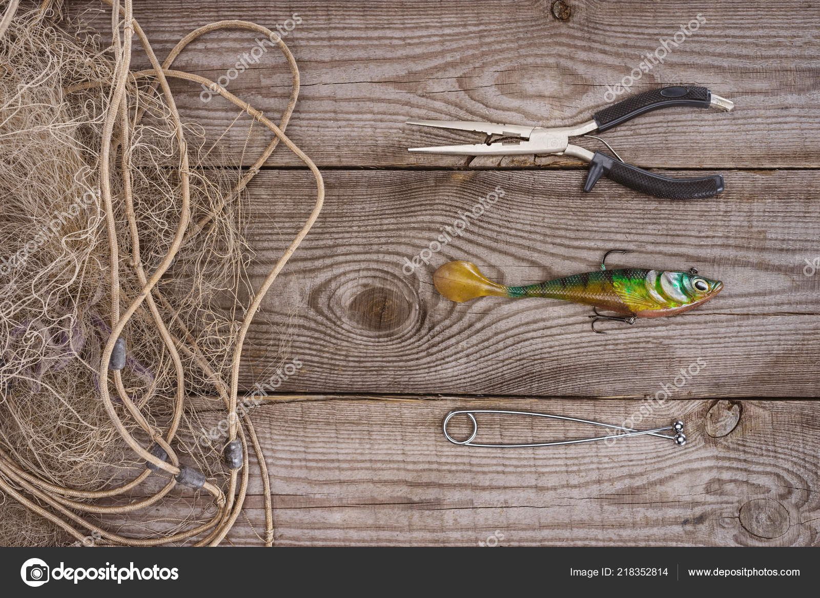 Top View Fishing Net Pair Nippers Fishing Bait Wooden Background Stock  Photo by ©VadimVasenin 218352814
