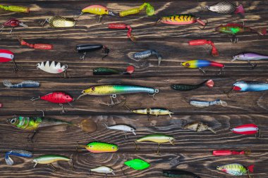 flat lay with arranged various fishing bait on wooden background  clipart