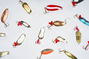 flat lay with various fishing bait isolated on white  clipart