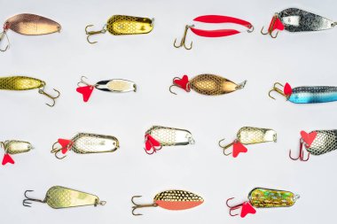 top view of arranged various fishing bait isolated on white  clipart