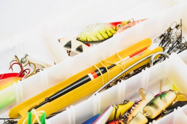 Balık tutma malzemeleri görünümünü kapatın ve plastik kutusunda yem 