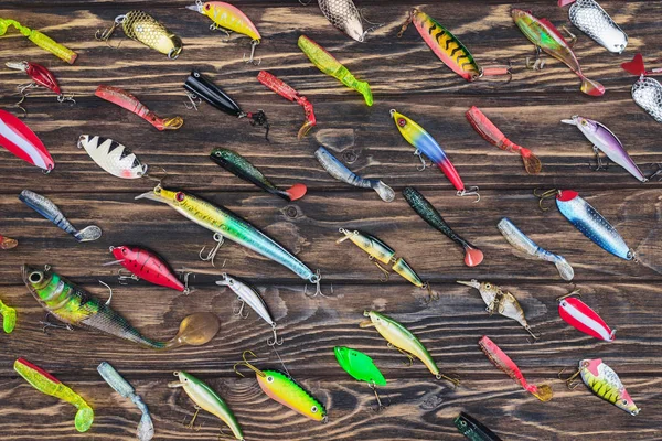 Top View Arranged Various Fishing Bait Wooden Background — Stock Photo, Image