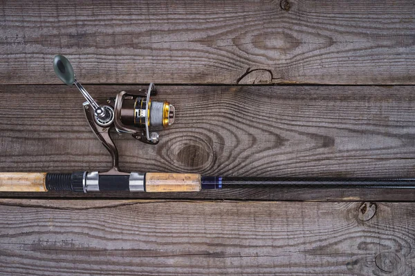 Elevated View Fishing Rod Wooden Planks Minimalistic Concept — Stock Photo, Image