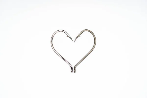 Flat Lay Heart Symbol Made Fishing Hooks Isolated White — Stock Photo, Image