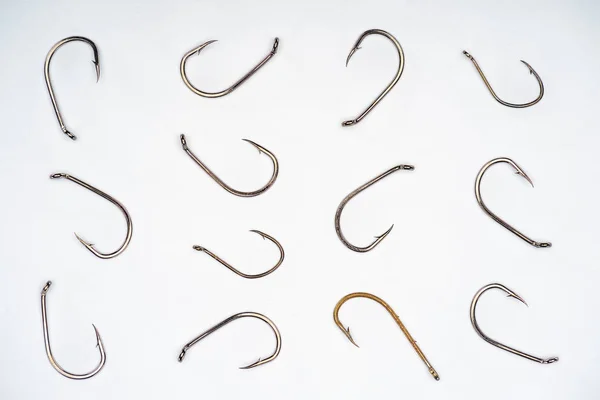 Top View Arranged Fishing Hooks Isolated White — Stock Photo, Image