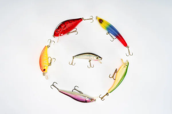 Flat Lay Circle Made Various Fishing Bait Isolated White — Stock Photo, Image