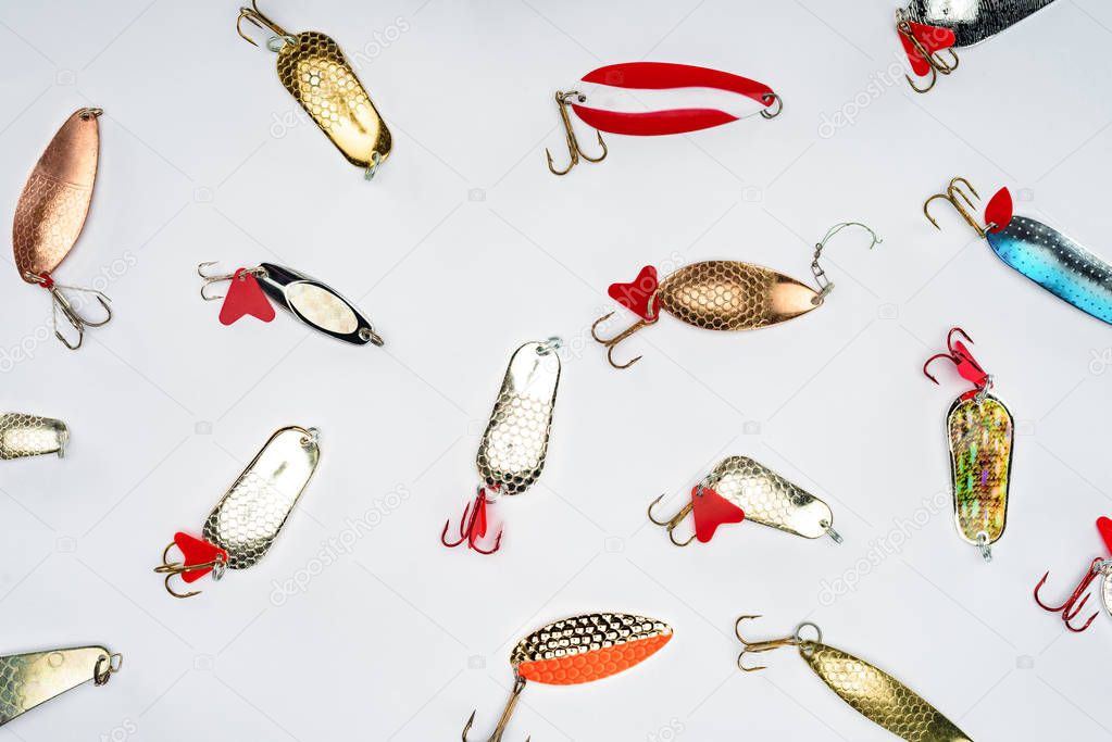 flat lay with various fishing bait isolated on white 