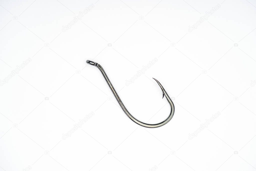 elevated view of fishing hook isolated on white 