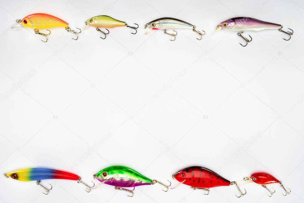 view from above of various fishing bait placed in two rows isolated on white background