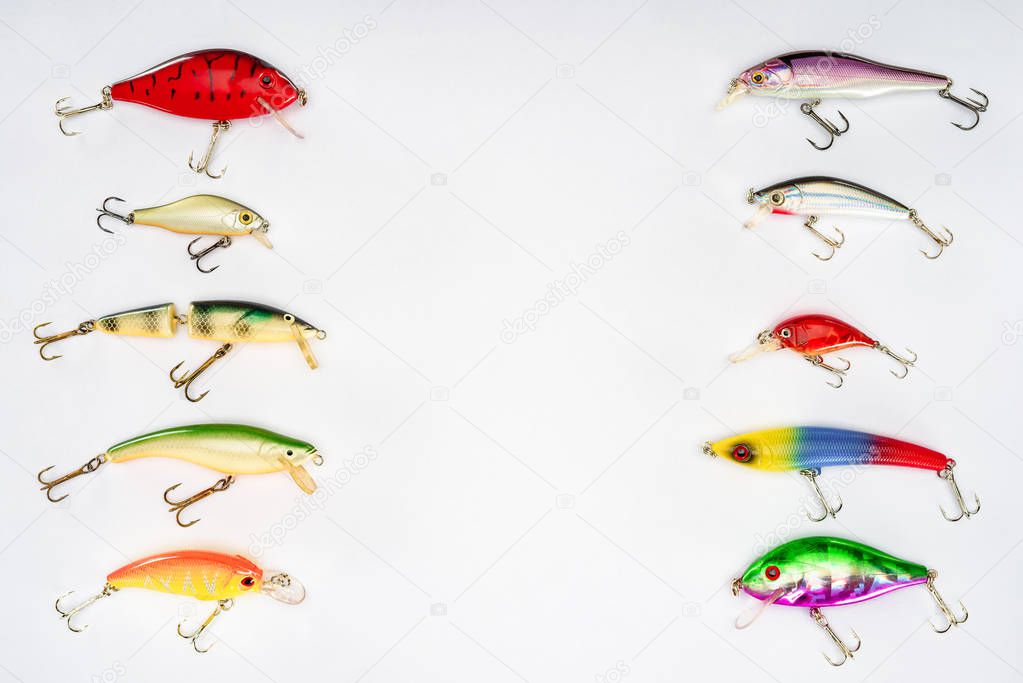 elevated view of various fishing bait placed in two rows isolated on white background