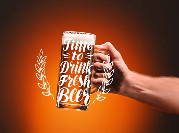 Cropped Shot Man Holding Mug Cold Beer Orange Background Time — Stock Photo, Image