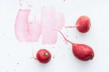 top view of ripe radishes on white surface with pink watercolor strokes clipart
