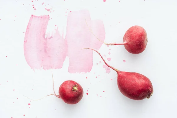 Top View Ripe Radishes White Surface Pink Watercolor Strokes — Free Stock Photo