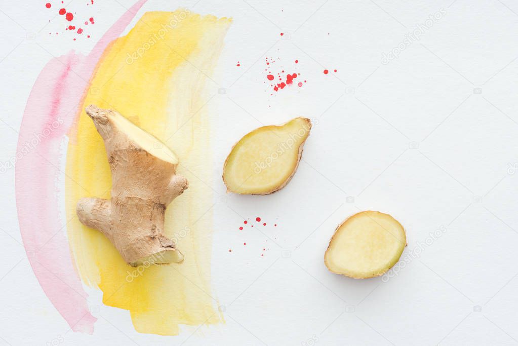 top view of sliced ginger root on white surface with yellow watercolor strokes