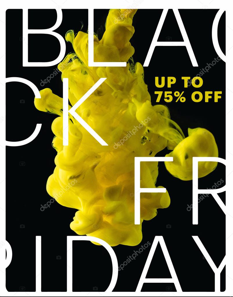 bright yellow flowing paint explosion on black background with black friday sale