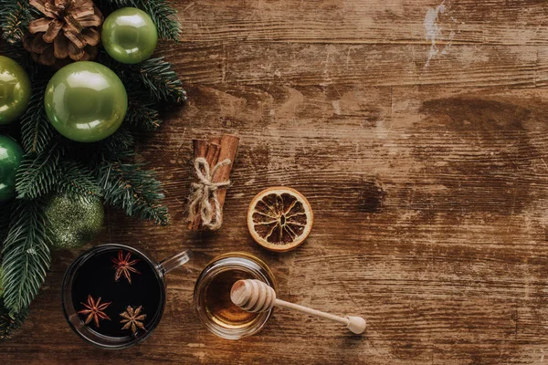 Top View Mulled Wine Honey Fir Twigs Wooden Tabletop Christmas — Stock Photo, Image