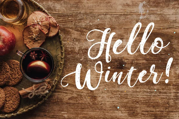 Top View Mulled Wine Cup Greeting Hello Winter Wooden Tabletop — Stock Photo, Image