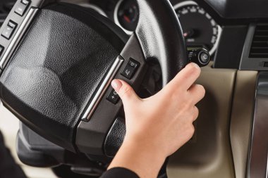 Cropped shot of woman turning on speed limitation while driving car alone clipart