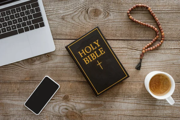 Top View Holy Bible New Testament Gadgets Coffee Rustic Wooden — Stock Photo, Image