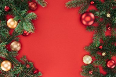 düz lay çam ağacı dalları ile kırmızı izole kırmızı ve altın Noel topları ile