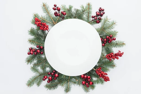 Top View Pine Tree Wreath Christmas Decorations Blank Space Middle — Stock Photo, Image