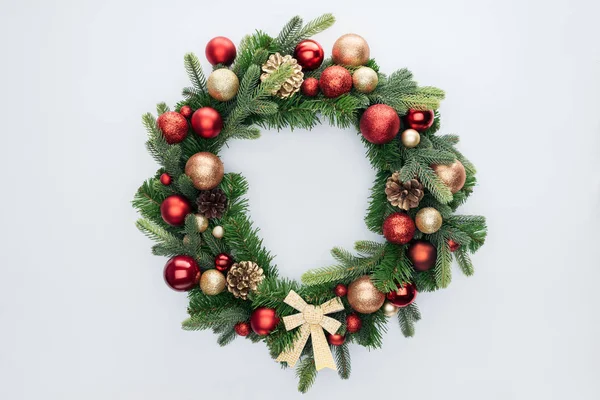 Top View Decorative Festive Wreath Red Golden Christmas Toys Isolated — Stock Photo, Image