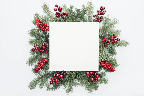 Top view of pine tree wreath with Christmas decorations and square blank space in middle isolated on white — Stock Image Top View Pine Tree Wreath Christmas Decorations Square Blank Space Stock Picture