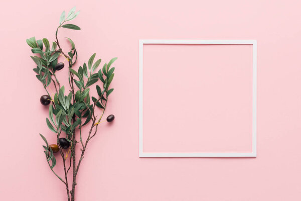 elevated view of frame and branch with decorated berries on pink