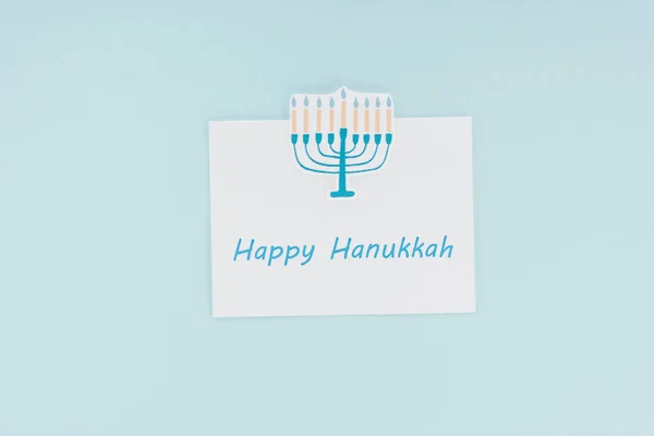 Vista Superior Tarjeta Feliz Hannukah Signo Menorah Papel Aislado Azul — Foto de stock gratis