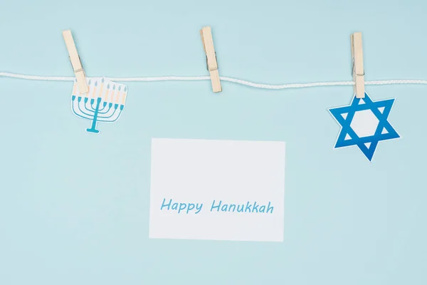 Top View Happy Hannukah Card Holiday Paper Signs Pegged Rope — Stock Photo, Image