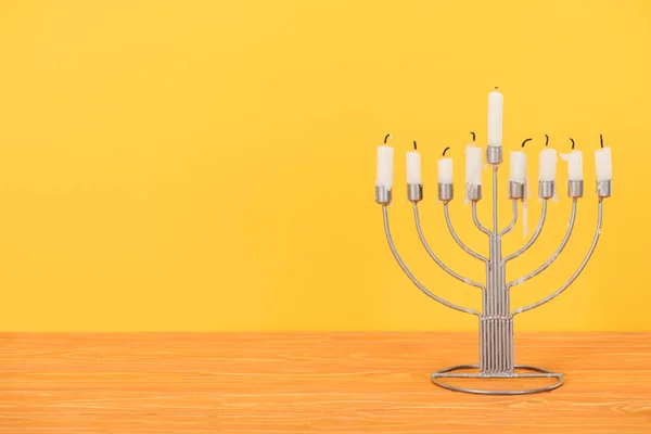 Close View Menorah Candles Hannukah Holiday Celebration Wooden Tabletop Isolated — Stock Photo, Image