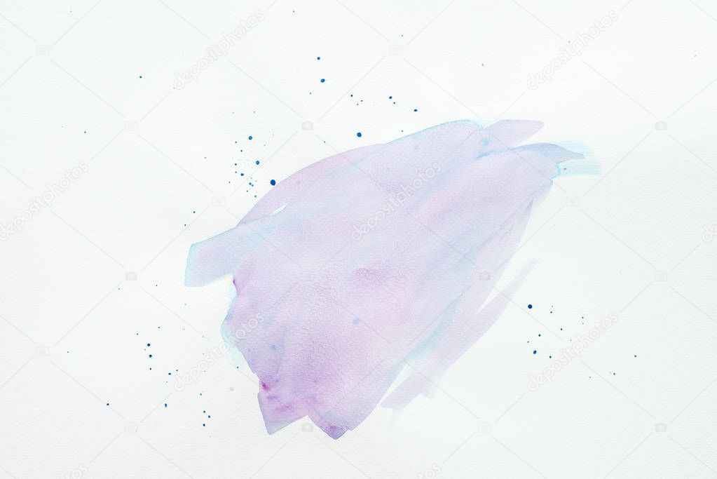 abstract violet and blue watercolor stroke with spots on white paper