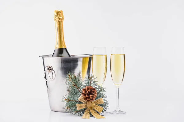 Close View Bottle Champagne Bucket Glasses Champagne Grey Backdrop — Stock Photo, Image