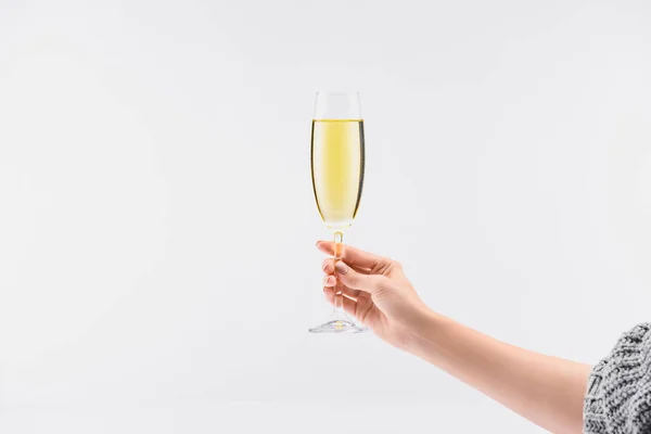 Beskuren Bild Kvinna Som Håller Glas Champagne Handen Isolerade Vitt — Stockfoto