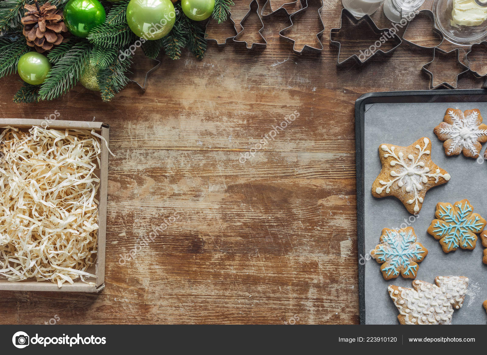 Flat Lay Christmas Cookies Baking Pan Christmas Wreath Cardboard