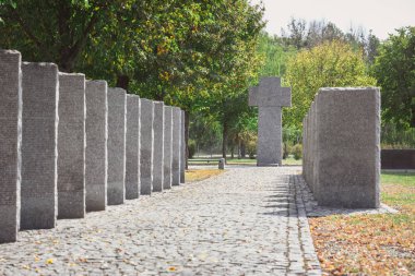 selective focus of identical headstones and stone cross at cemetery  clipart