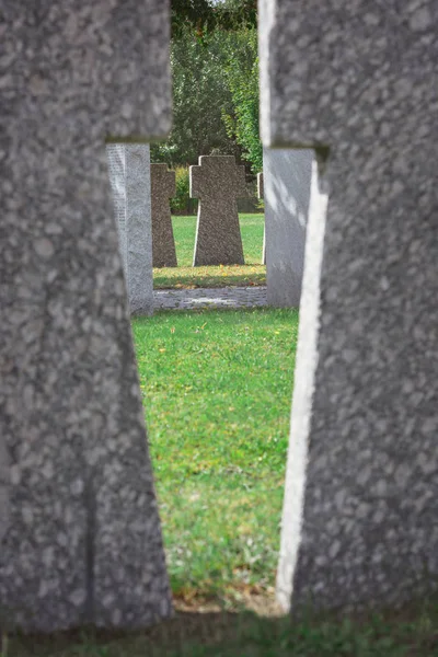 Foco Seletivo Cruzes Pedra Comemorativas Colocadas Linha Cemitério — Fotografia de Stock Grátis