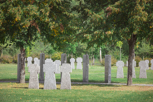 old memorial stone crosses placed in rows at cemetery