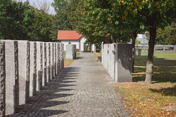 cemetery with memorial gravestones placed in rows under tree 