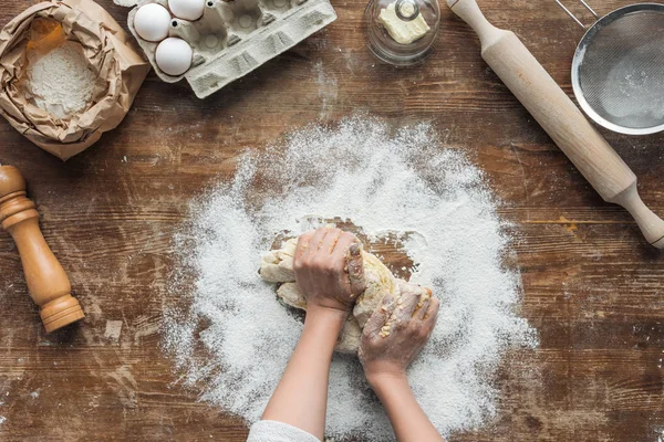 Top View Female Hands Making Dough Wooden Table — Stock Photo, Image
